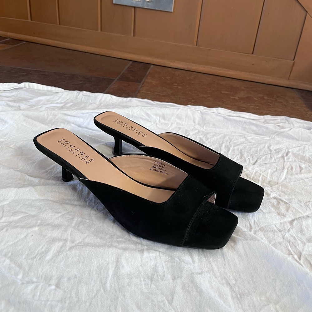 Black square toe kitten, heel mules